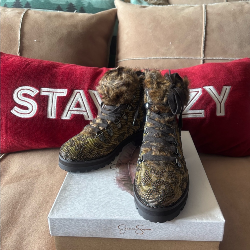 Jessica Simpson Stylish Women's Leopard Print Fur-Lined Rhinestone Boots